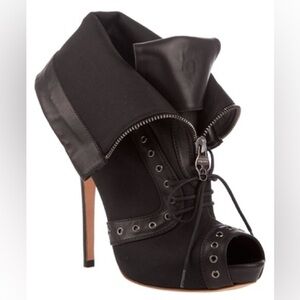 Alexander McQueen Canvas and Leather PeepToe Ankle Booties
Black
Size 37 US(7)